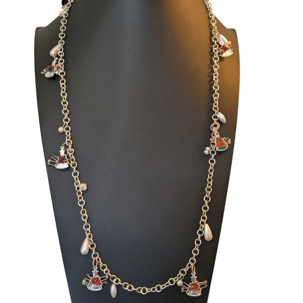 Coldwater Creek Holiday Christmas Tree Faux Pearl Silver Tone Long Necklace